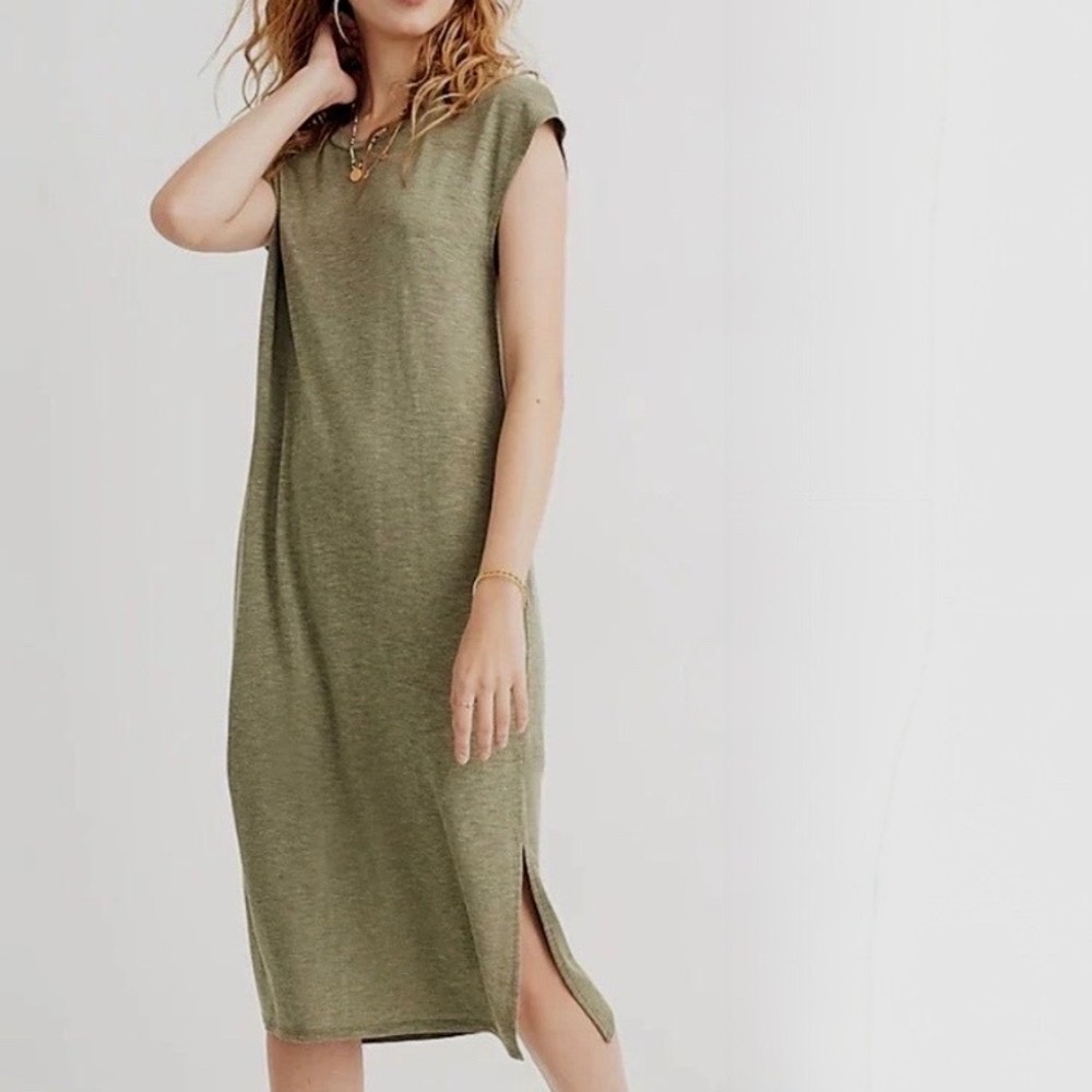 Madewell Womens XXS Olive Green Sleeveless Midi Dress Side Slit High Low Hem